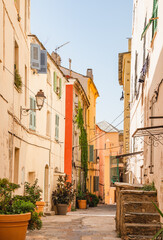 Corsica, Bastia view of old town, Corsica, France. Narrow streets with typical french facades. - 744245622