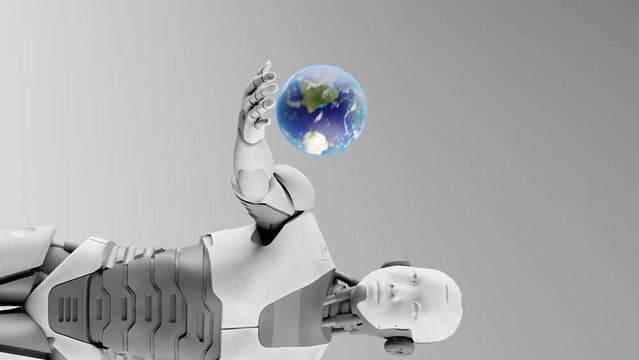 Artificial intelligence global taking over, humanoid cyborg robot holding globe planet earth over his palm hand in 3d rendering animation