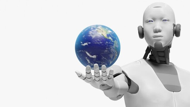 artificial intelligence taking over globe earth planet rotate over palm hand of a humanoid cyborg prototype in futuristic scenario 