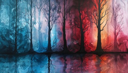 a canvas painting of trees in different colors Generative AI - obrazy, fototapety, plakaty