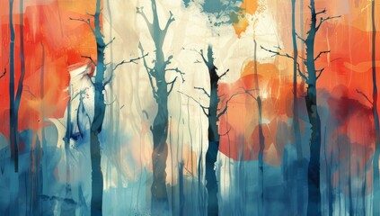 trees with a blue, red and orange color abstract art Generative AI