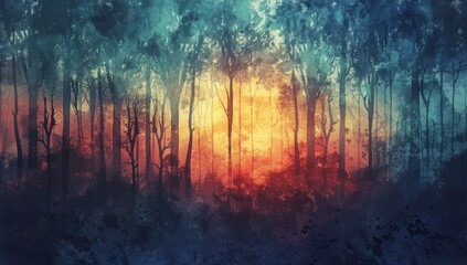 a picture of trees in a forest that looks like something painted over Generative AI - obrazy, fototapety, plakaty