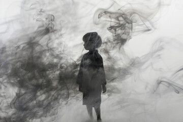 How pollution harms children. Silhouette of a child made of black smoke. The concept of air pollution, the harm of pollution, the harm of smoking.