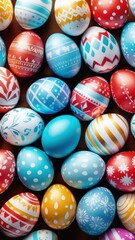 Fototapeta na wymiar Holiday celebration banner with cute Easter decorated eggs on wooden table. Colorful eggs. Happy Easter greeting card, banner, invitation, festive background, posters wallpaper. Copy space.