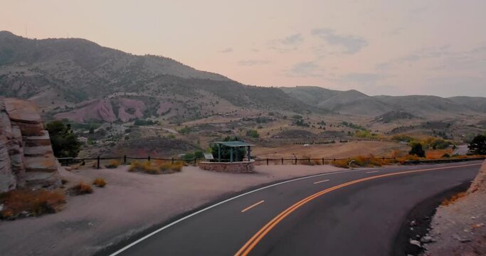 Drone shot of the mountains near Red Rocks Amphitheater in Colorado