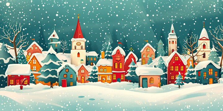 Christmas village in vintage style. Winter Village , poster