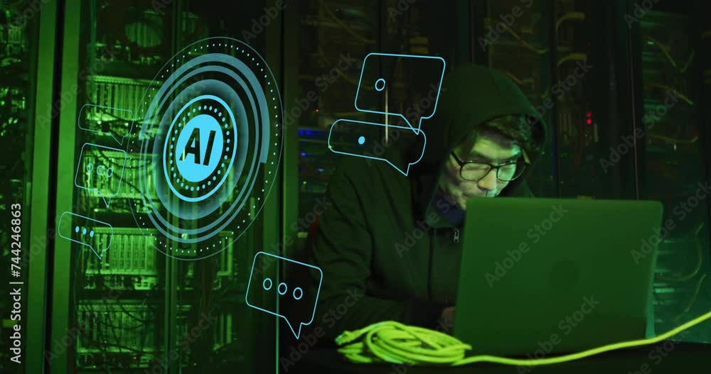 Poster animation of ai text and data over asian it man with laptop by computer servers