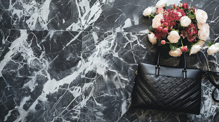 Black handbag with flowers on marble surface