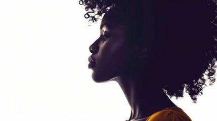 A black silhouette of an Afro American teenage girl, a profile view, isolated on the white background