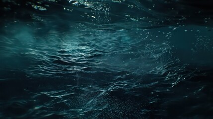 Dark blue ocean surface seen from underwater. Abstract waves underwater and rays of sunlight shining through. 3D illustration