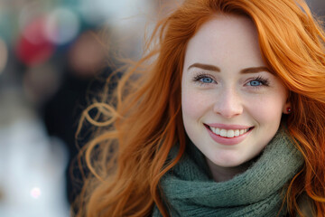 Fototapeta premium Beautiful Irish girl, young woman, with red hair, looking at the camera, smiling charmingly