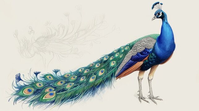 Real peacock illustration, showing its vibrant, detailed plumage generative ai
