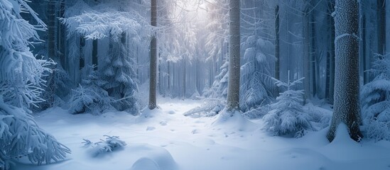 A winter wonderland scene featuring a snow-covered forest with sunlight peeking through the trees, creating a breathtaking visual spectacle.