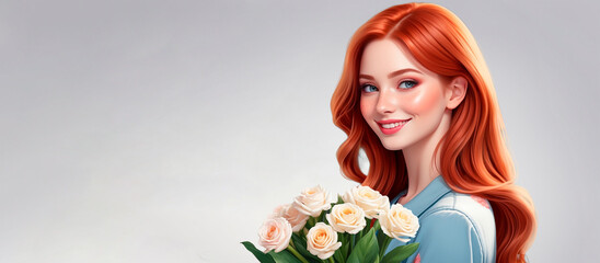 Redhead woman holding flowers.