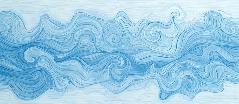 A painting featuring doodle-filled pencil lines that resemble a blue sea, reminiscent of a drawing found in a childrens album.
