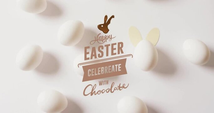 Animation of happy easter text over white eggs on white background