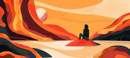 Schilderijen op glas Melancholy human sitting in landscape thinking and contemplating. Beautiful warm nature and sunset in sky. Melancholic feeling concept. illustration. © Ibad
