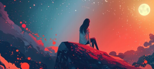 Melancholy human sitting in landscape thinking and contemplating. Beautiful warm nature and sunset in sky. Melancholic feeling concept. illustration.