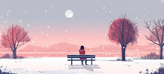Melancholy human sitting in landscape thinking and contemplating. Beautiful warm nature and sunset in sky. Melancholic feeling concept. illustration.