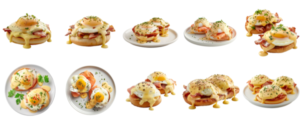 Eggs Benedict set collection in 3d png transparent using for presentation.