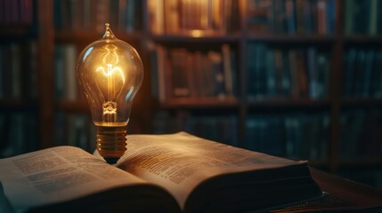 Light bulb and opened vintage book style vintage dark background,The idea and creativity of reading books, knowledge, and searching for new ideas concept.