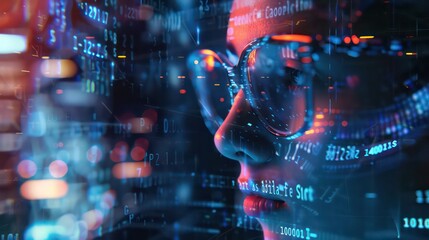 Obraz premium Young beautiful woman with glasses watching crypto analyses on the screen. A reflection of the graphics on the screen on her glasses. Cryptocurrency and forex background image. Crypto trader girl.