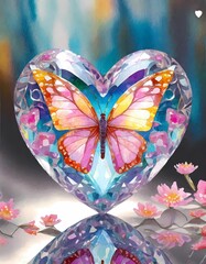 intricate designs of crystalline hearts with vibrant, lifelike butterflies, encapsulating delicacy and beauty