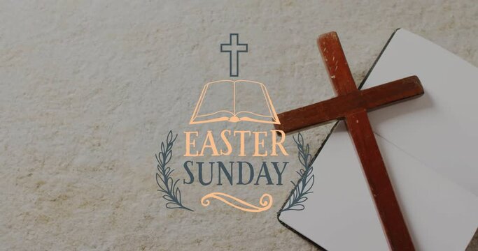 Animation of easter sunday text over christian cross and book on grey background