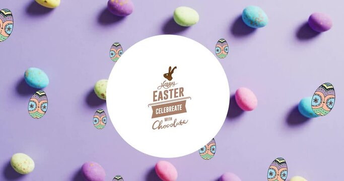Animation of happy easter text over colourful easter eggs on purple background