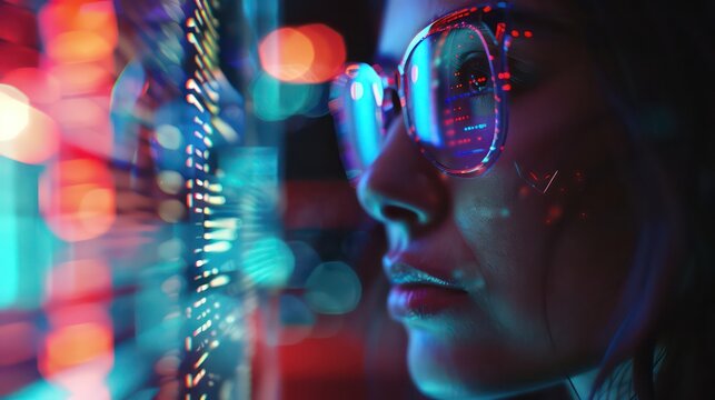 Young beautiful woman with glasses watching crypto analyses on the screen. A reflection of the graphics on the screen on her glasses. Cryptocurrency and forex background image. Crypto trader girl.