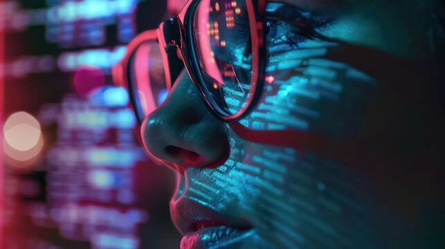 Young beautiful woman with glasses watching crypto analyses on the screen. A reflection of the graphics on the screen on her glasses. Cryptocurrency and forex background image. Crypto trader girl.