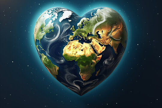 3D Heart-Shaped Globe on Blue Background. Love and Save Our Planet Earth Day or Environment Day Concept