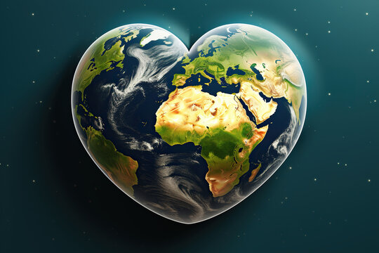 3D Heart-Shaped Globe on Blue Background. Love and Save Our Planet Earth Day or Environment Day Concept