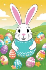 Holiday celebration banner with cute Easter bunny with decorated eggs and spring flowers on green spring meadow. Rabbit in landscape. Happy Easter greeting card, banner, festive background.Copy space