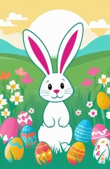 Obraz premium Holiday celebration banner with cute Easter bunny with decorated eggs and spring flowers on green spring meadow. Rabbit in landscape. Happy Easter greeting card, banner, festive background.Copy space