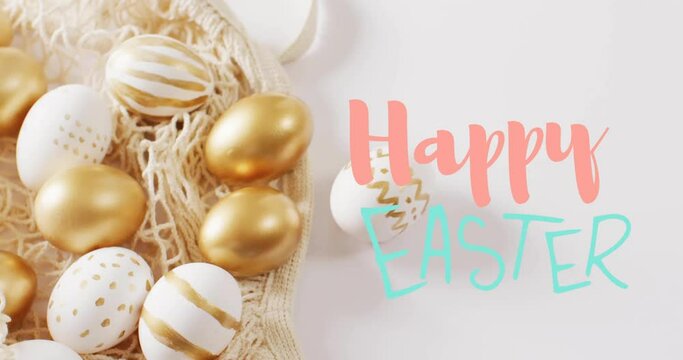 Animation of happy easter text over white and gold easter eggs on white background