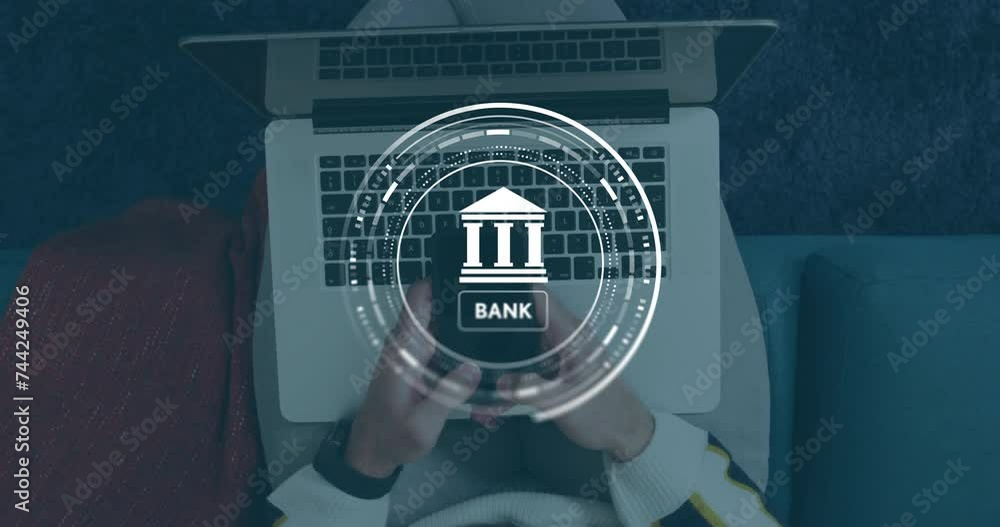Poster animation of data processing and bank symbol over caucasian man using smartphone