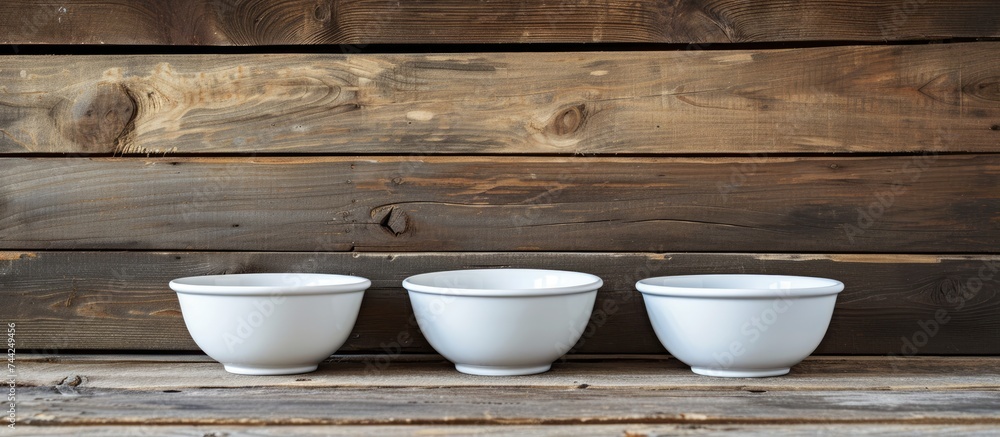 Poster three white bowls with handles are neatly arranged on top of a wooden table, creating a simple and e