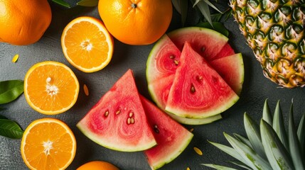 Watermelon slices with oranges and pineapple on a table generative ai