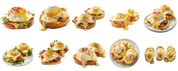 Fototapeta na wymiar Eggs Benedict collection set in png no background for sample decoration.