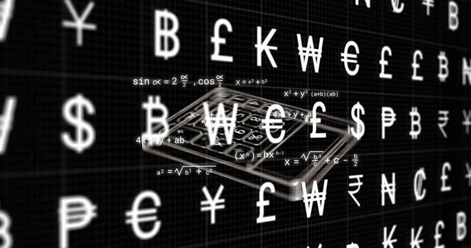 Animation of currency symbols and calculator on black background