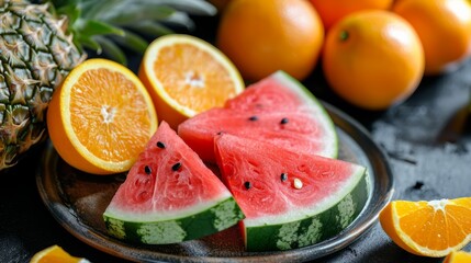 Watermelon slices with oranges and pineapple on a table generative ai