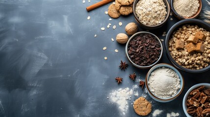 Assorted baking ingredients on a blue surface