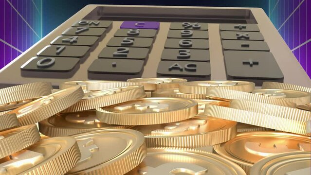 Animation of calculator and gold euro coins over metaverse background