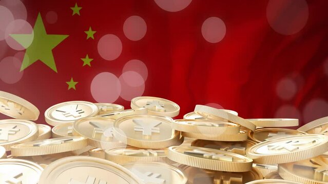 Animation of yen coins over flag of china