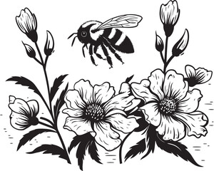 Garden Grace Vector Flower Bud and Bee Logo Design in Black Buzzing Beauty Black Vector Flower Bud and Bee Symbol