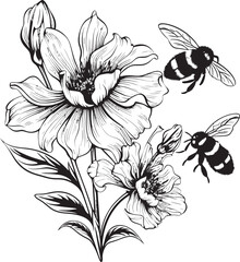 Botanical Elegance Black Vector Design Buzzing Bloom Minimalist Black Flower Bud and Bee Icon