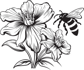 Natures Duo Black Vector Floral Emblem Bee Among Blooms Minimalist Black Vector Symbol