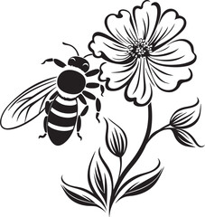 Pollinator Paradise Minimalist Black Vector Illustration Botanical Buzz Black Vector Icon with Flower and Bee