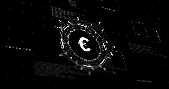 Animation of network with data processing and euro sign over black background